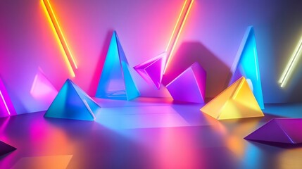 Fototapete - A vibrant scene featuring colorful, translucent pyramids illuminated by neon lights in various shades, creating a futuristic, artistic ambience.
