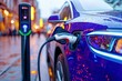 © DachAI - A vibrant blue electric car is seen charging at a station in a bustling city setting, emphasizing modern transport and eco-friendly technology in a wet urban environment.