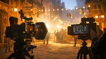 A Cameraman Films a Scene in a Nighttime City Setting