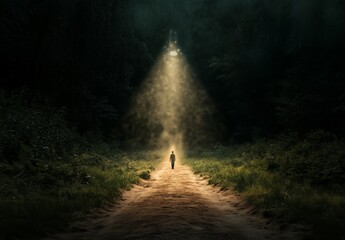 Wall Mural - a person is walking down a road in the woods. the road is dark and the person is the only one on it