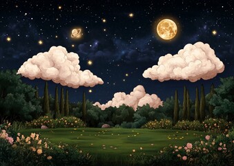 Wall Mural - the sky is filled with stars and a large moon is shining brightly. in the distance, there is a plane