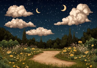 Wall Mural - a field with a path and a road. the road is paved and the grass is green. there are trees in the bac