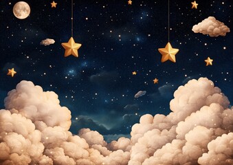 Wall Mural - a starry sky with clouds and a full moon. there are two stars in the sky. the stars are gold and are