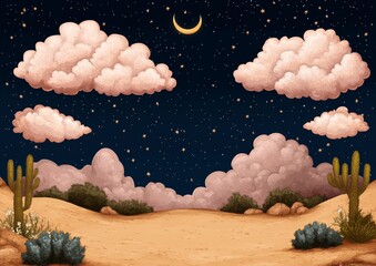 Wall Mural - a desert scene with a crescent moon and clouds. the sky is dark and the clouds are pink