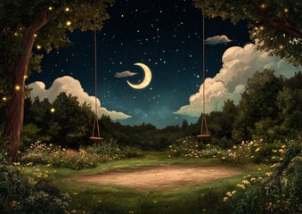 Wall Mural - a swing set is in a field with a large crescent moon in the sky. the moon is surrounded by stars