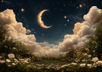 Wall Mural - a large crescent moon is in the sky above a field of flowers. the flowers are yellow and pink