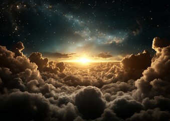 Wall Mural - the sky is filled with clouds and stars. the sun is shining through the clouds. the sky is dark and 