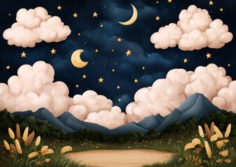 Wall Mural - a painting of a mountain range with a large moon and stars in the sky. the moon is in the middle of 