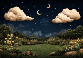 Wall Mural - a field with a large moon and two small crescent moons in the sky. the sky is cloudy and the moon is