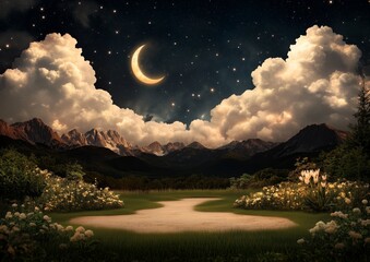 Wall Mural - a large mountain range is in the background. the sky is cloudy and the moon is visible. there are ma