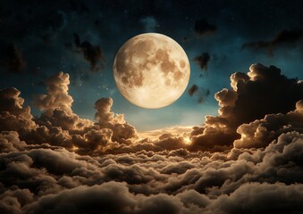 Wall Mural - a large moon is in the sky above a cloudy sky. the moon is surrounded by clouds and is the main focu