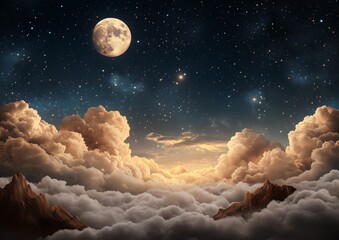 a large moon is in the sky above a cloudy sky. the clouds are white and fluffy. the sky is dark and 