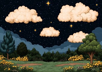 Wall Mural - a drawing of a forest with a sky full of clouds and stars. the sky is mostly dark with a few stars v