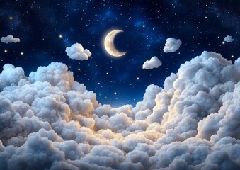 Wall Mural - a large moon is in the sky above a cloud of white clouds. the moon is surrounded by stars