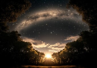 Wall Mural - the sky is filled with stars and the sun is shining through the trees, creating a beautiful and sere