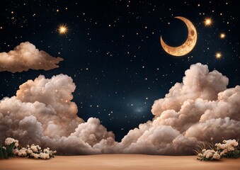 Wall Mural - a large, glowing moon is in the sky above a field of flowers. the flowers are scattered throughout t