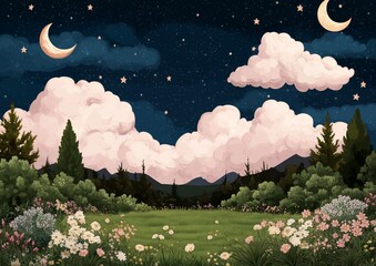 Wall Mural - a beautiful night sky with two full moons and a few stars. the sky is filled with clouds and the moo