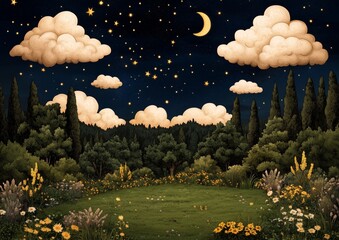 Wall Mural - a drawing of a forest with a large moon and stars in the sky. the moon is in the middle of the sky a