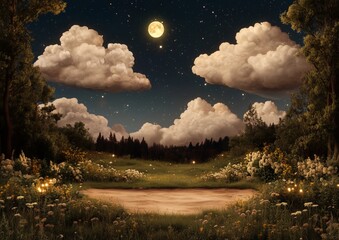 Wall Mural - a field with a moon in the sky. there are clouds in the sky