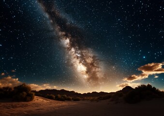 Wall Mural - a large cloud of milk is in the sky. the sky is dark and full of stars. the stars are scattered all 