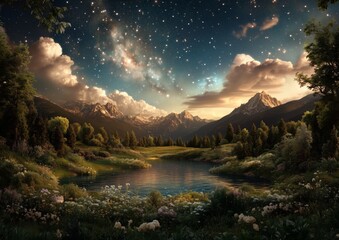 A beautiful landscape with a lake and mountains in the background. The sky is filled with stars and the moon is visible