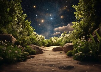 Wall Mural - a path through a forest with a starry sky above. the sky is filled with stars and the path is lined 