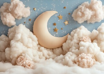 Wall Mural - a fluffy white cloud with a golden moon and stars is floating in the sky. the moon is positioned in 