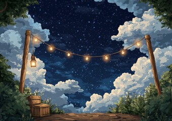Wall Mural - a painting of a forest with a lantern hanging from a tree. the lantern is lit up and the sky is clou