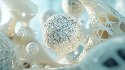 Poster - Intricate white spherical structures floating in a futuristic setting filled with delicate patterns and soft blue tones