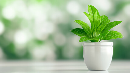 Wall Mural - This thriving mint plant rests in a pristine white pot, exuding vitality. The soft focus background enhances the plants bright green leaves, emphasizing its natural beauty