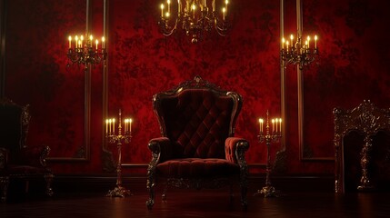 Elegant red room with a vintage throne chair surrounded by flickering candlelight and ornate decor for a royal ambiance