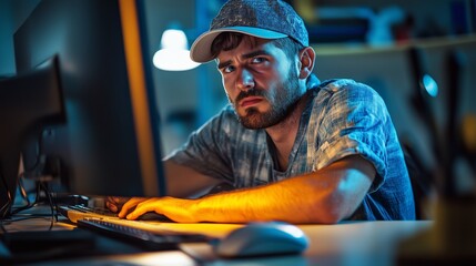 Poster - young man working intently at a computer desk in a dimly lit office environment during the evening h