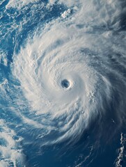 Aerial view of a powerful hurricane swirling over the ocean, showcasing its eye, cloud formations, and intensity from space