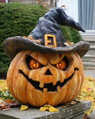 Canvas Print - Halloween themed street decor featuring a pumpkin with a hat and carved facial expression