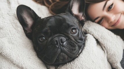 Sticker - A woman laying on top of a bed next to a black dog