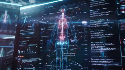 DNA medical screen hologram science hud data analysis body research background futuristic. Screen DNA infographic medical scan health digital 3d technology medicine human tech ui graph interface lab.