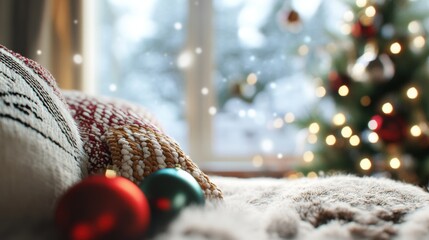 Sticker - A cat laying on top of a bed next to a christmas tree