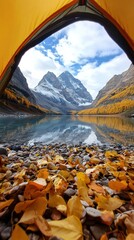 Poster - A tent with a view of a lake and mountains