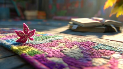 Canvas Print - A small pink flower sitting on top of a colorful rug