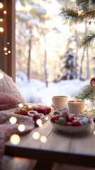 Canvas Print - A table topped with plates of food next to a christmas tree