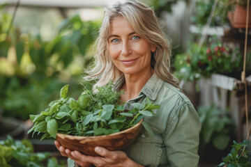 Wall Mural - A healthy woman with sparkling eyes holds a wooden bowl with green herbs in her hand.