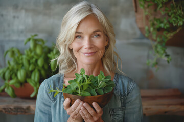 Wall Mural - A healthy woman with sparkling eyes holds a wooden bowl with green herbs in her hand.