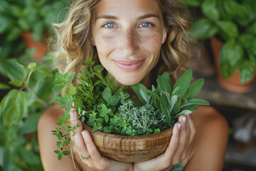 Wall Mural - A healthy woman with sparkling eyes holds a wooden bowl with green herbs in her hand.