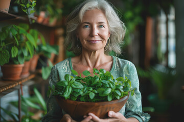 Wall Mural - A healthy woman with sparkling eyes holds a wooden bowl with green herbs in her hand.