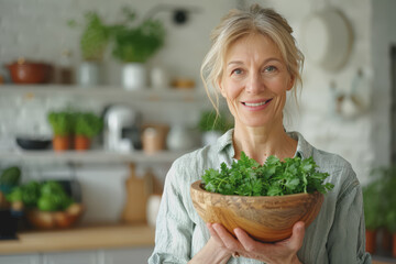 Wall Mural - A healthy woman with sparkling eyes holds a wooden bowl with green herbs in her hand.