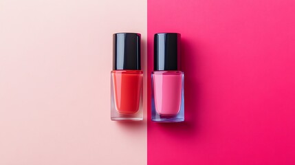 Two nail polishes, one red and one pink, on a pink and light pink background.