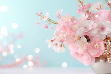 Sticker - A stunning bouquet brimming with cherry blossoms in soft shades of pink and white rests gracefully atop a smooth surface, surrounded by glimmering bokeh lights that add a dreamy touch