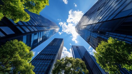 Modern Skyscrapers with Lush Green Trees and Blue Sky