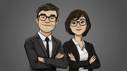 Cartoon-style depiction of two office workers standing next to each other with arms crossed and smiling