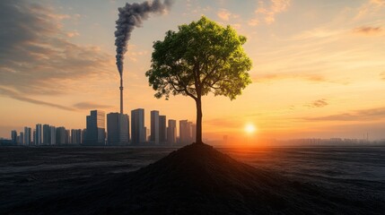 Tree Growing From Pollution Against City Skyline